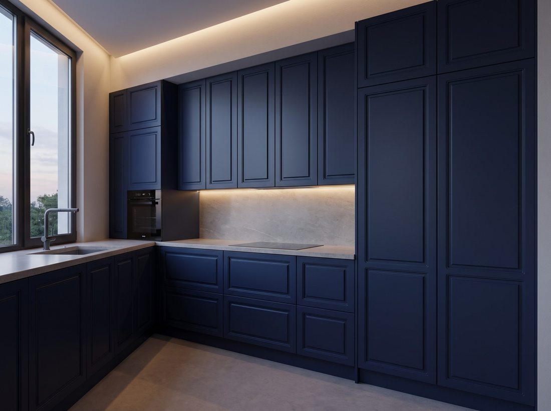 Classic Series — navy framed slab lacquer cabinet doors in a minimalist kitchen