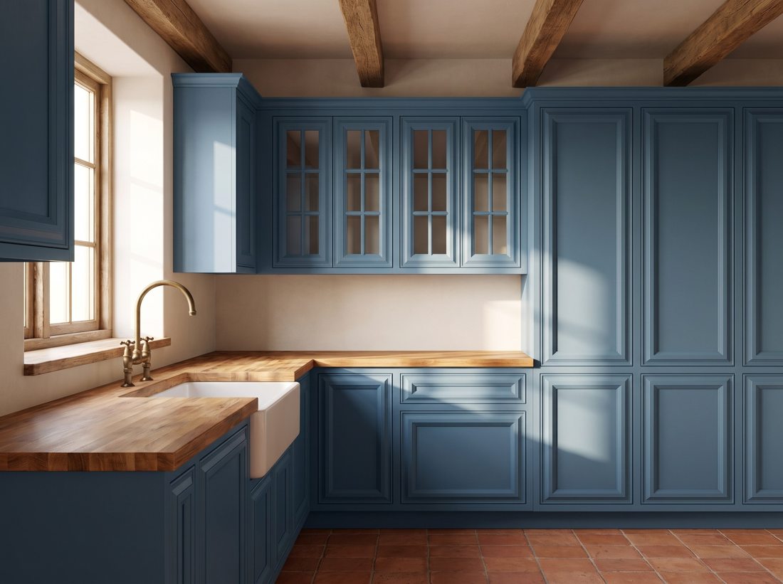 Country Collection — denim blue heritage lacquer cabinet doors with colonial glass grids