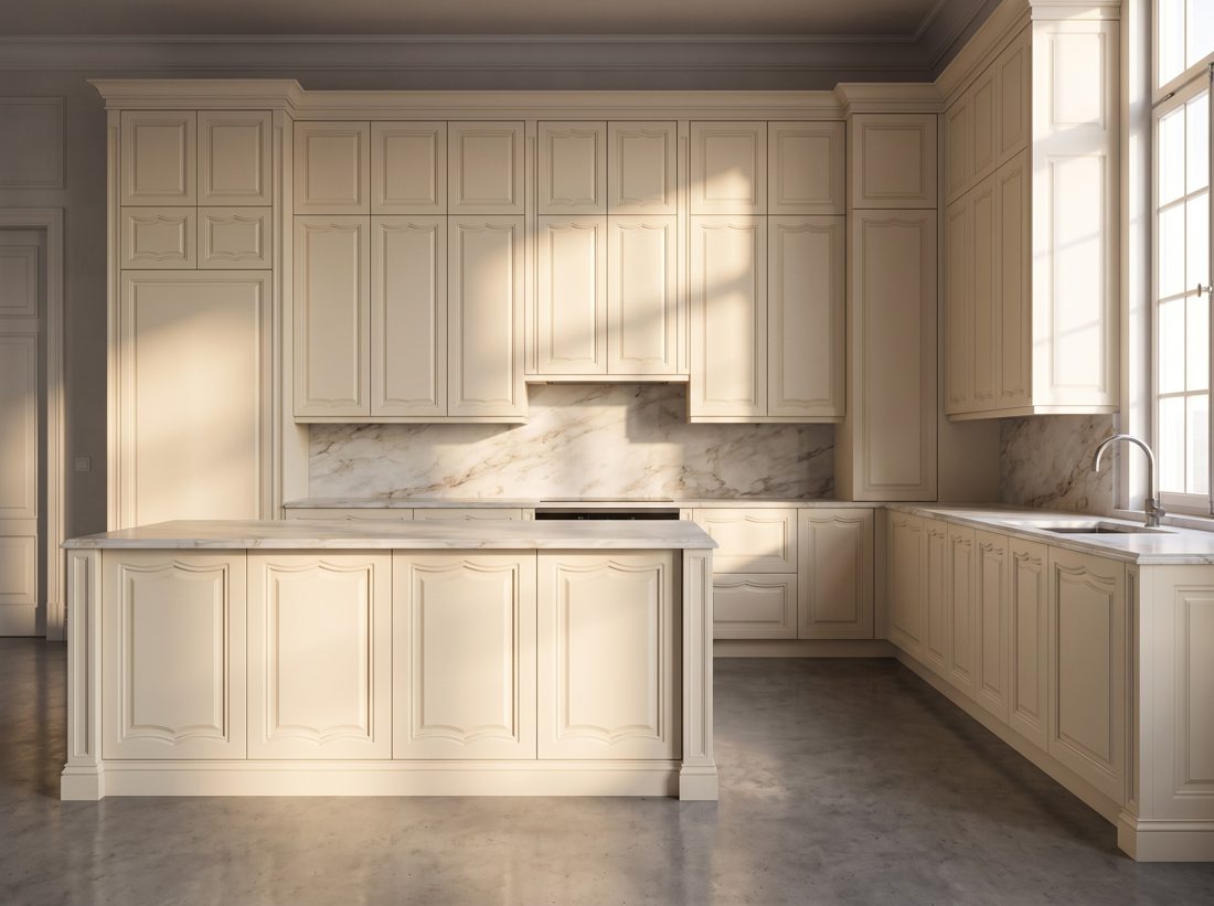Elite Series — sculpted cream lacquer cabinet doors with premium raised profiles
