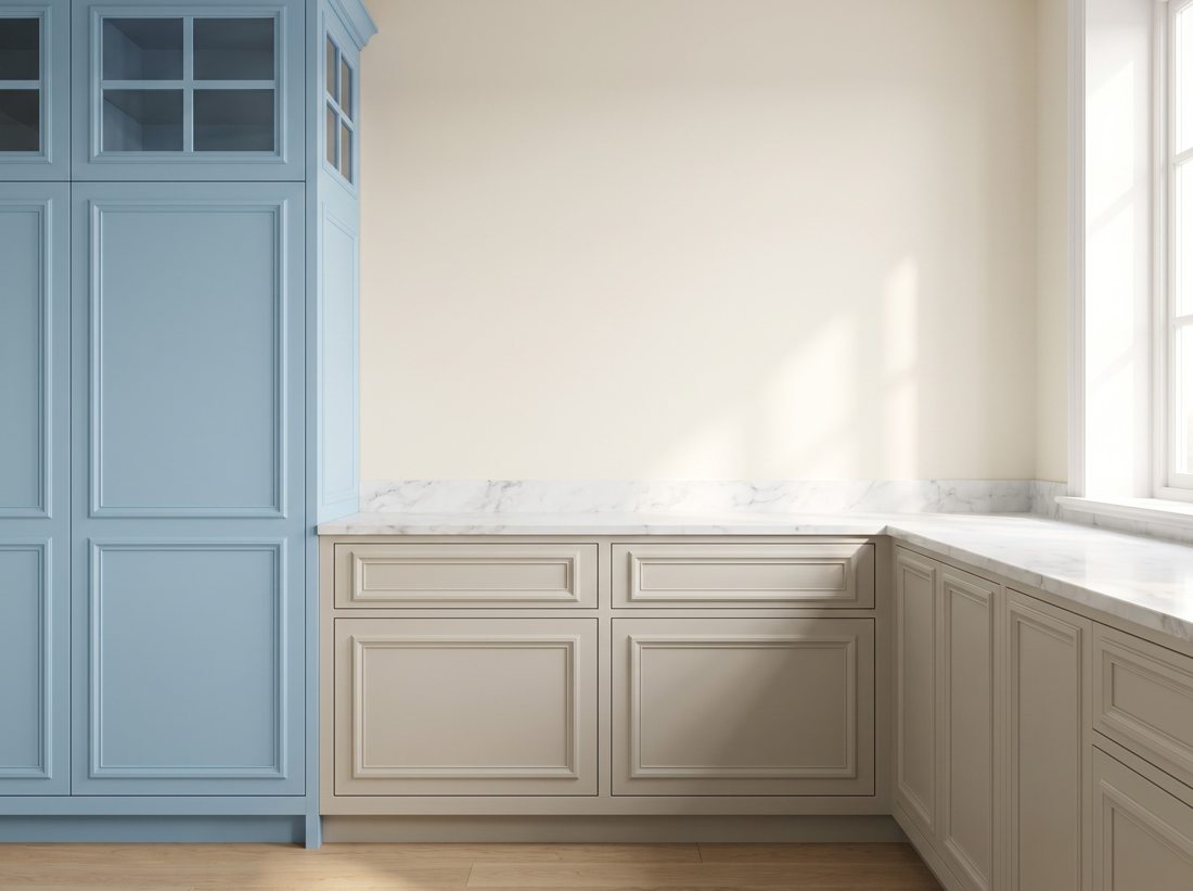 Essential Collection — powder blue and greige classic framed lacquer cabinet doors