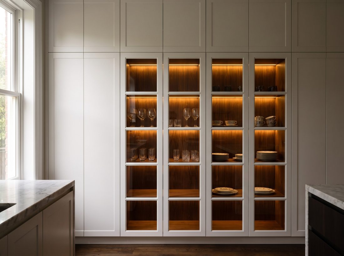 Glazed Series — glass-front lacquer display cabinet doors with interior lighting