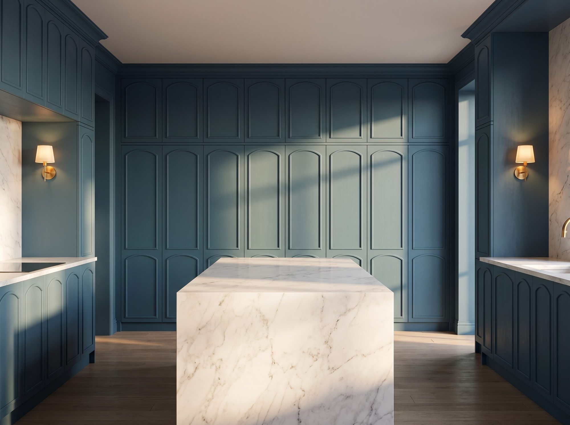 Luxury petrol-blue lacquer kitchen cabinet doors with arched framed panels and marble island — Veraform Studio Miami