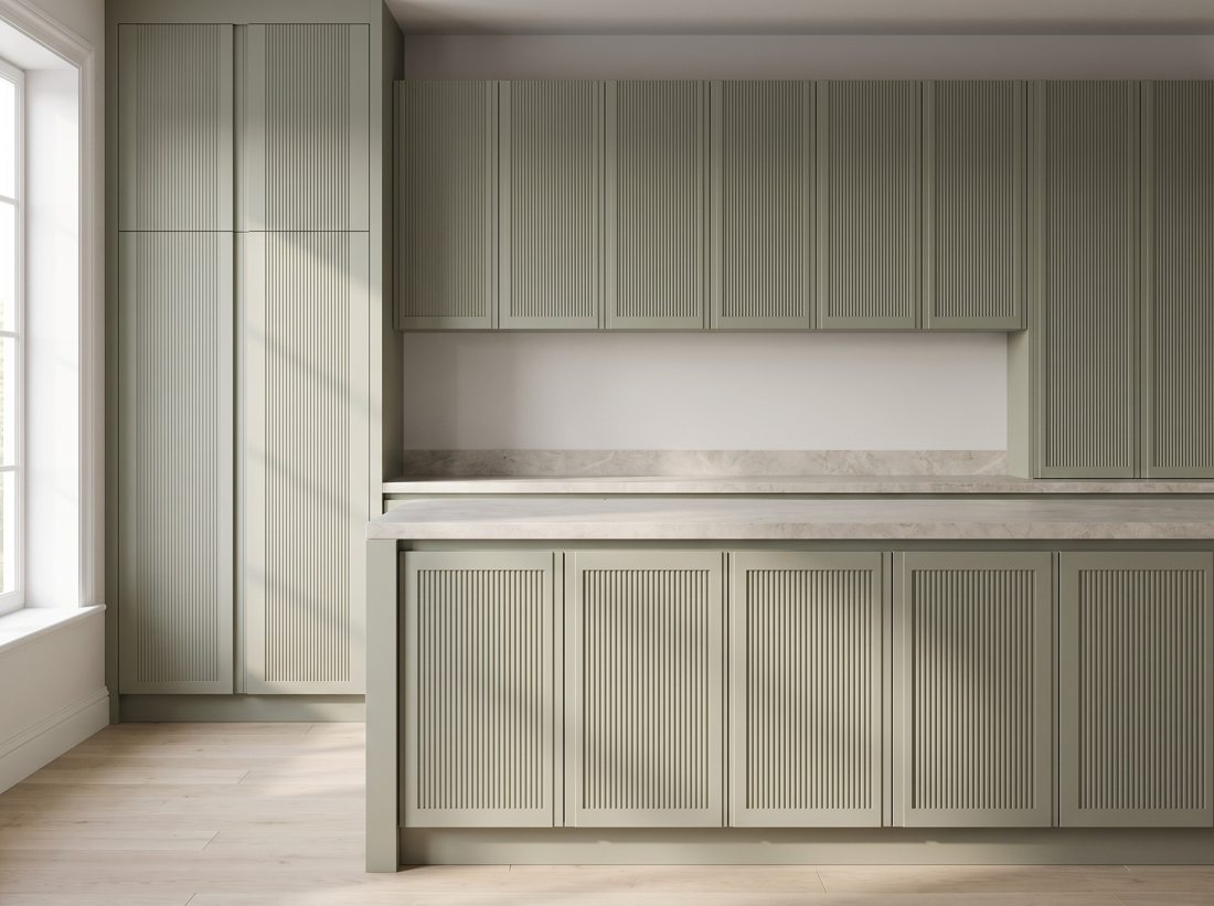 Multi Country Collection — sage green fluted lacquer cabinet doors