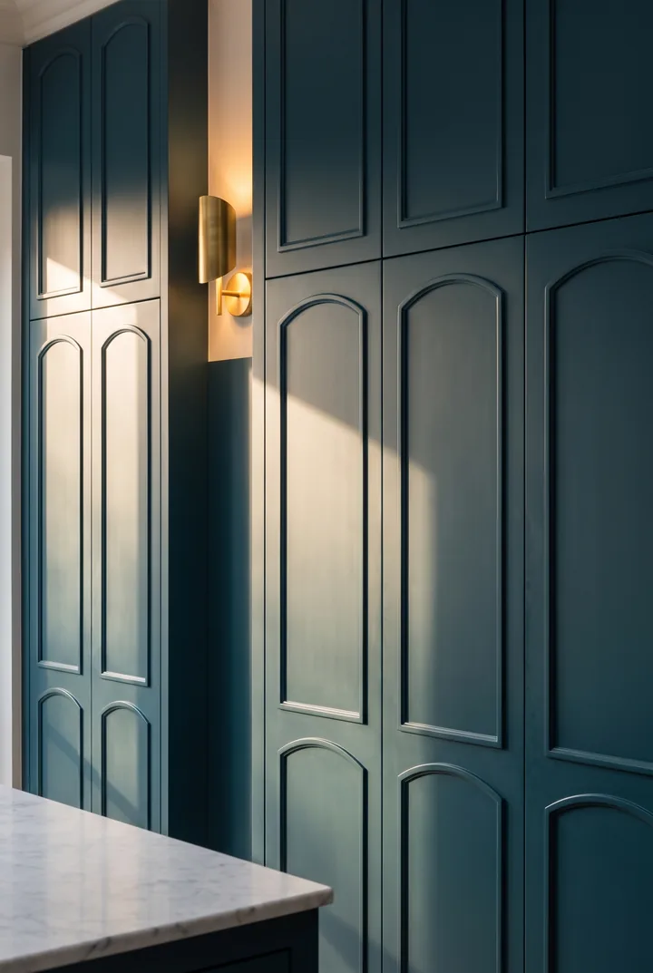 Petrol-blue arched lacquer cabinet doors with brass sconce — Veraform Studio trade program